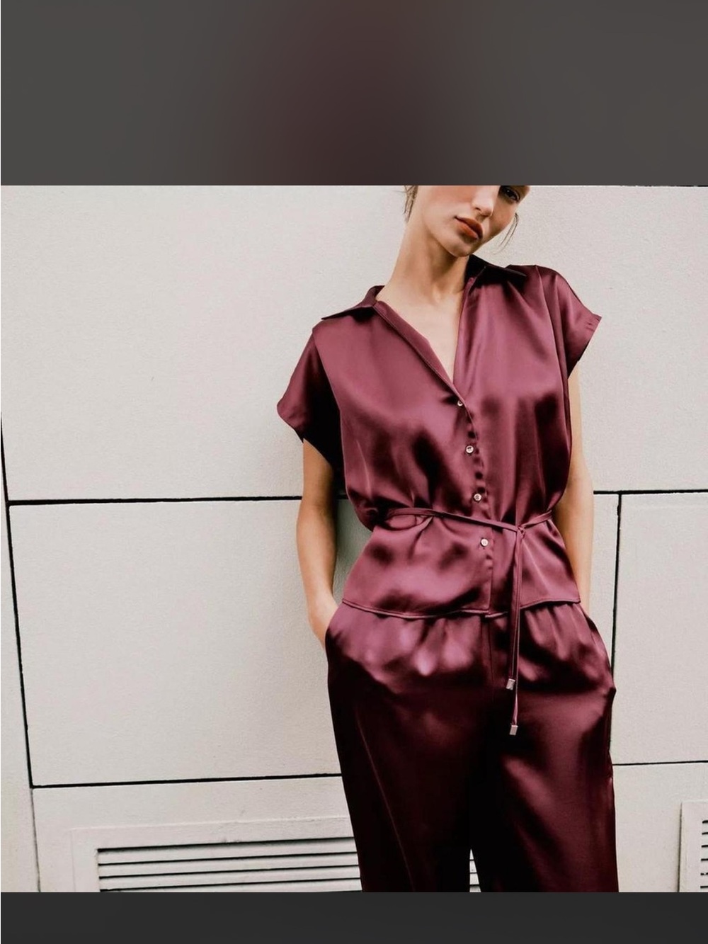 Zara Satin Burgundy Short-Sleeve Blouse